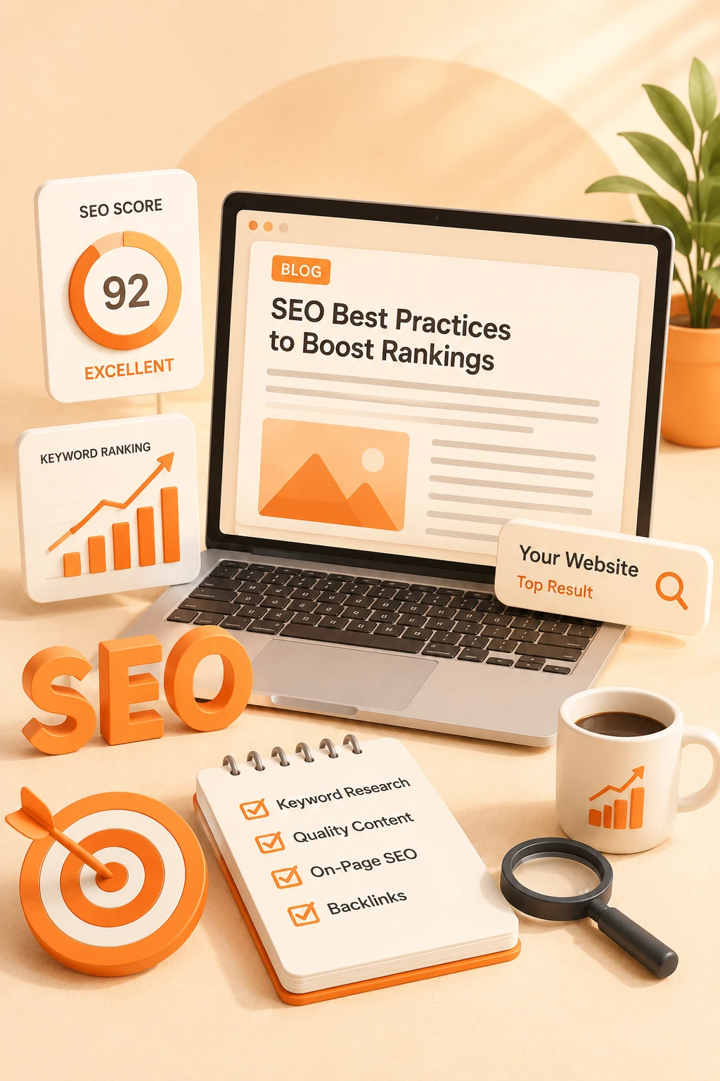 Laptop showing an SEO-optimized blog article ranking on Google
